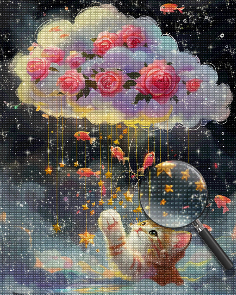 Katze wünscht sich rosa Rosen in den Wolken und Goldfische Diamond Painting