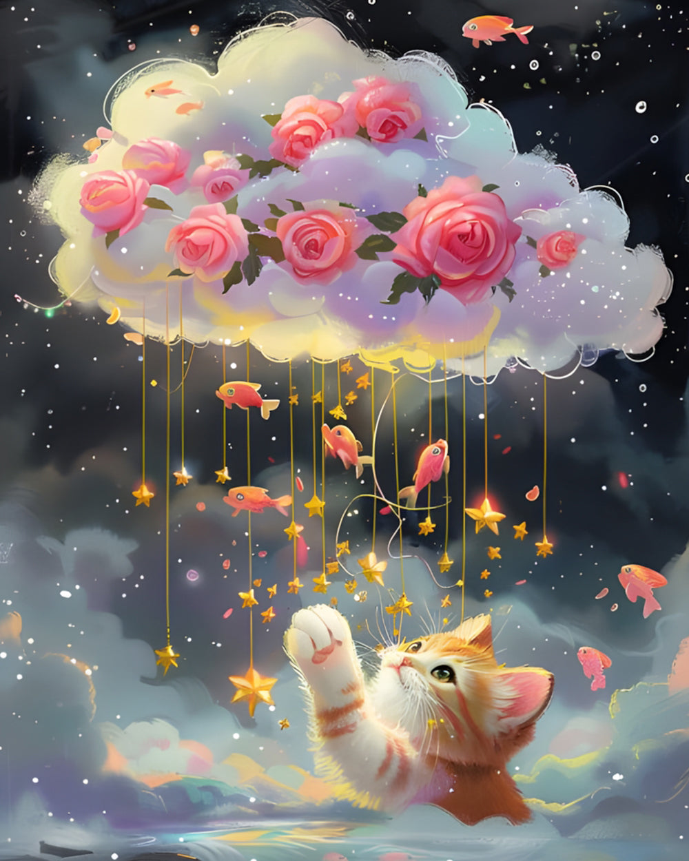 Katze wünscht sich rosa Rosen in den Wolken und Goldfische Diamond Painting