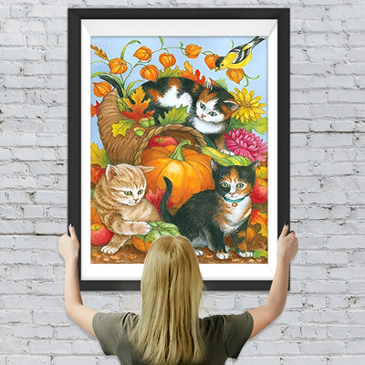 Katzen, Kürbis und Blumen Diamond Painting