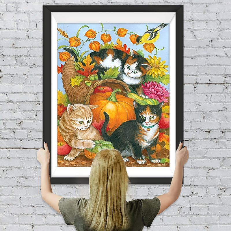 Katzen, Kürbis und Blumen Diamond Painting