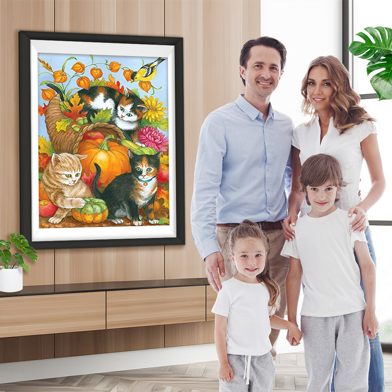 Katzen, Kürbis und Blumen Diamond Painting