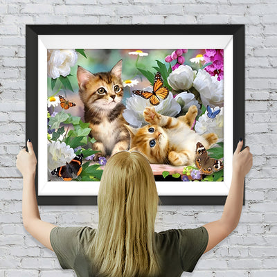 Katzen, Schmetterlinge und Blumen Diamond Painting