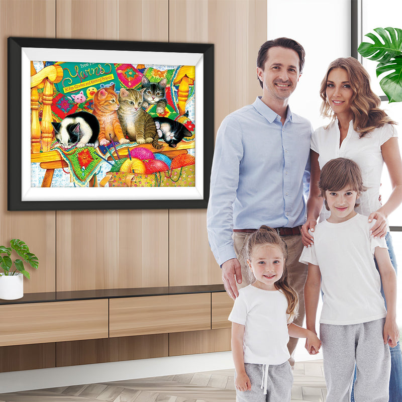 Katzen und bunte Fadenkügel Diamond Painting