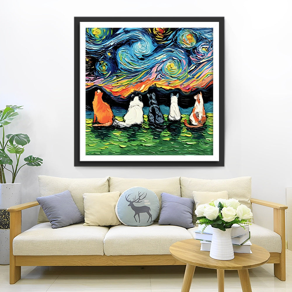 Katzen und sternenklare Nacht Diamond Painting