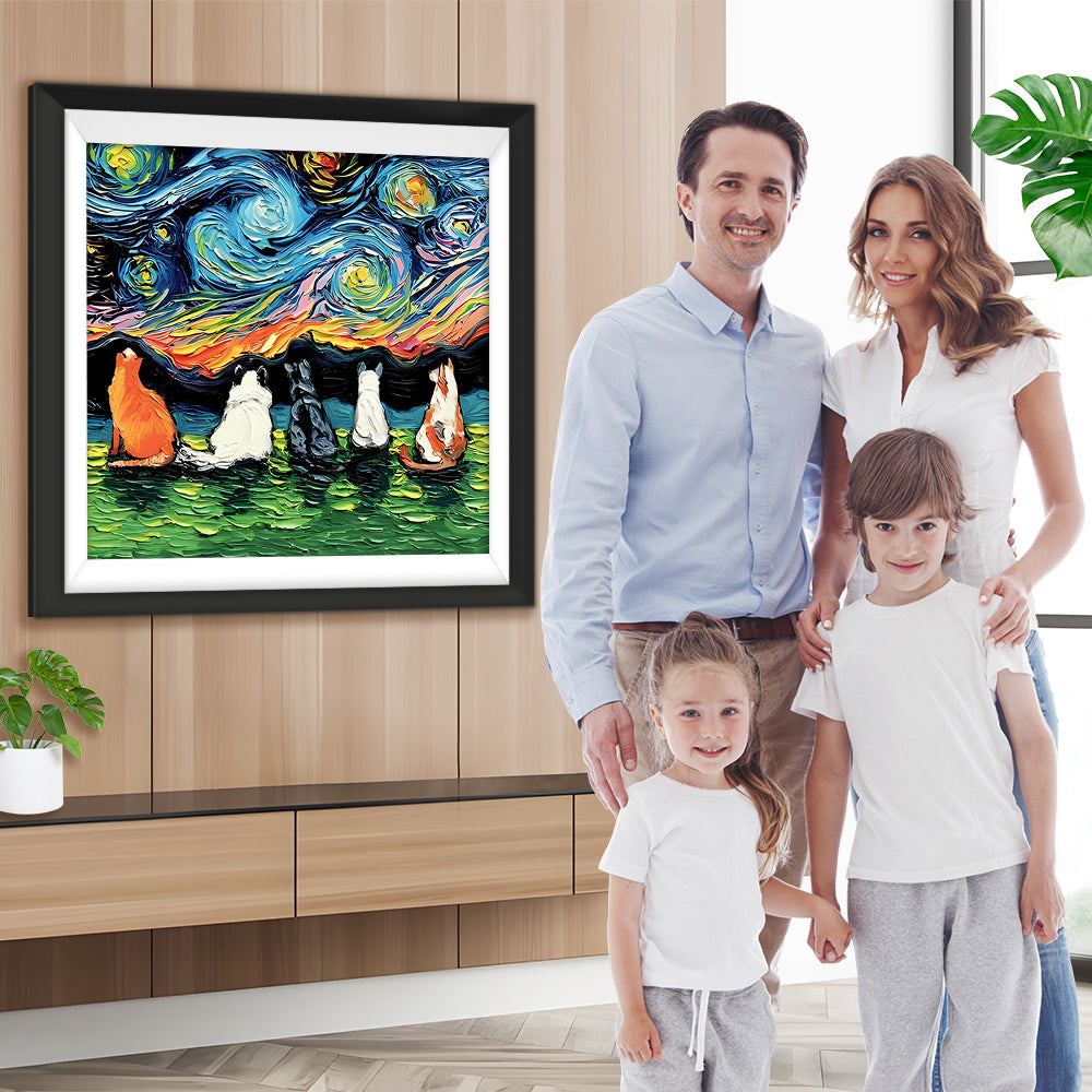 Katzen und sternenklare Nacht Diamond Painting