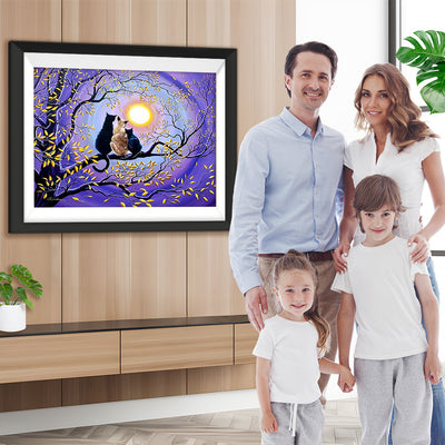 Katzenfamilie unter dem Mond Diamond Painting