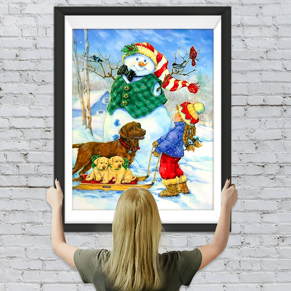 Kind Hunde Schneemann Diamond Painting