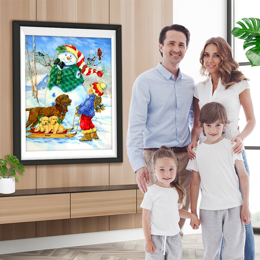 Kind Hunde Schneemann Diamond Painting