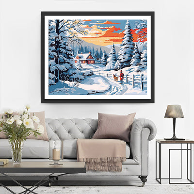 Kind und Hündchen auf einer verschneiten Straße Diamond Painting