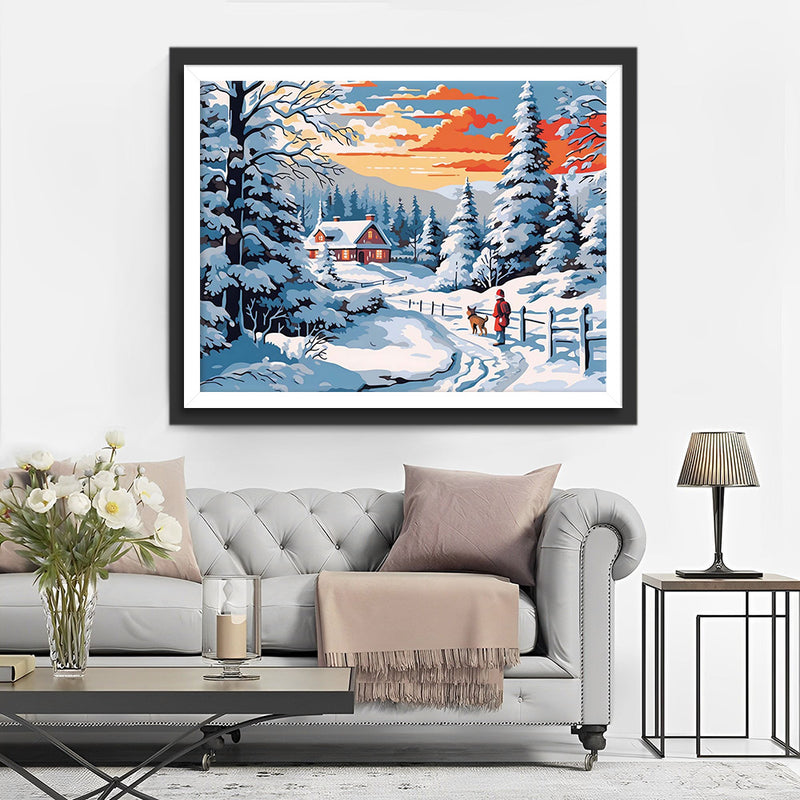 Kind und Hündchen auf einer verschneiten Straße Diamond Painting