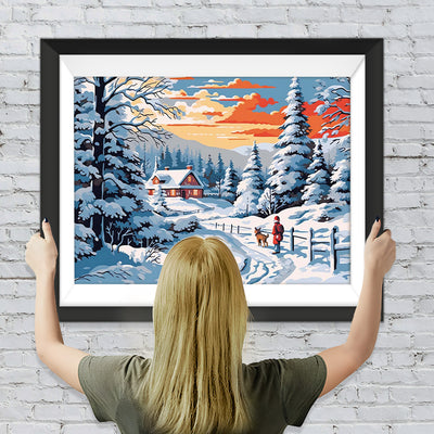 Kind und Hündchen auf einer verschneiten Straße Diamond Painting