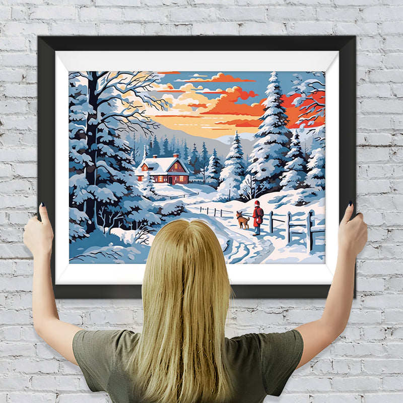 Kind und Hündchen auf einer verschneiten Straße Diamond Painting