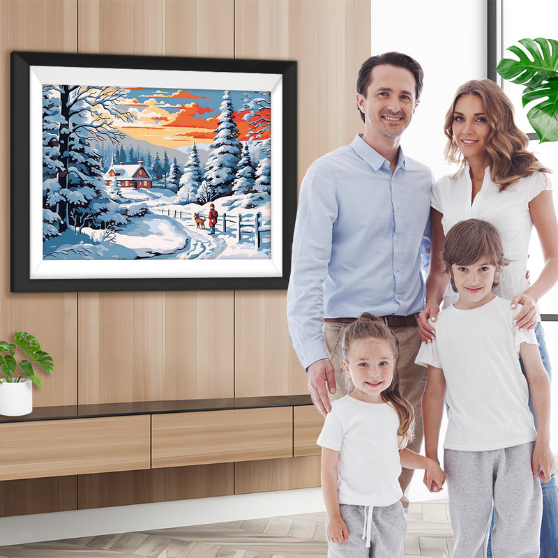Kind und Hündchen auf einer verschneiten Straße Diamond Painting