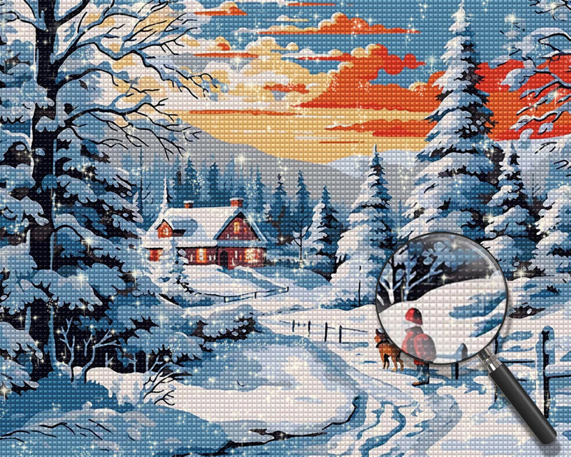 Kind und Hündchen auf einer verschneiten Straße Diamond Painting