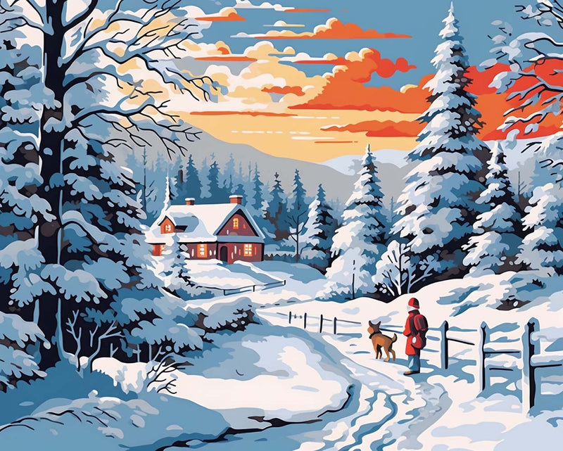Kind und Hündchen auf einer verschneiten Straße Diamond Painting