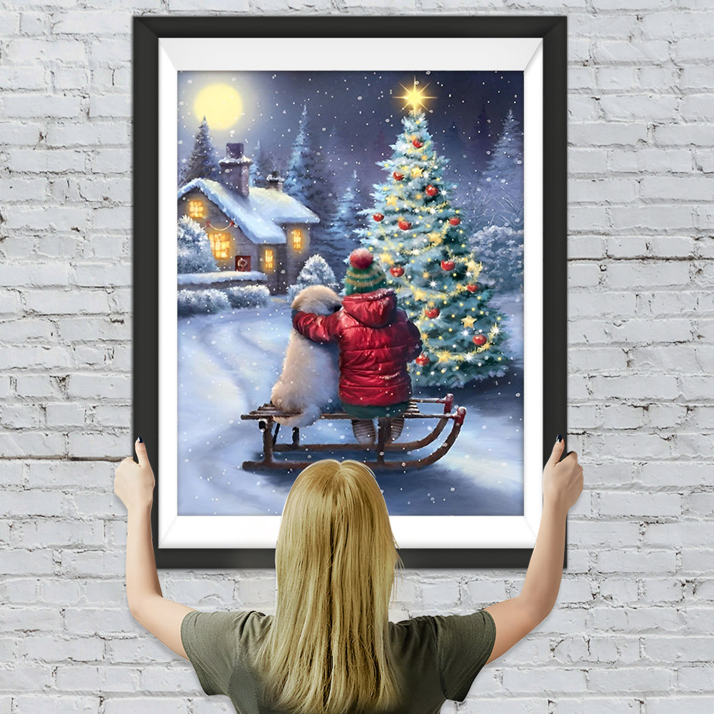 Kind und Hund vor Weihnachtsbaum im Schnee Diamond Painting