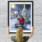 Kind und Hund vor Weihnachtsbaum im Schnee Diamond Painting