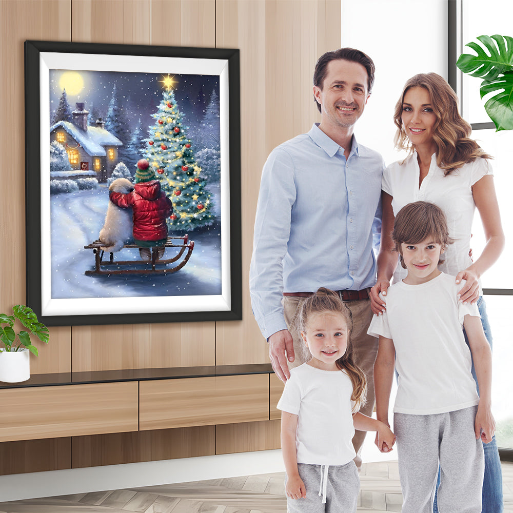 Kind und Hund vor Weihnachtsbaum im Schnee Diamond Painting