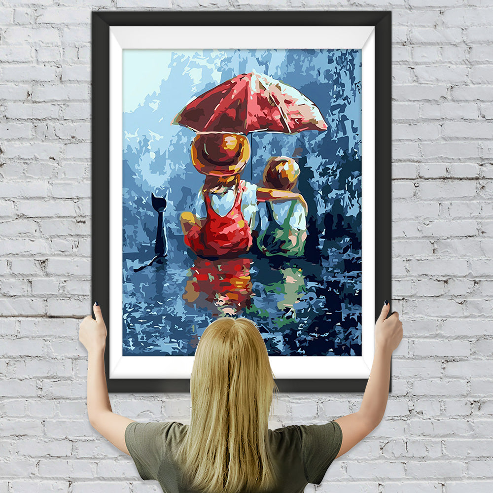 Kinder halten roten Regenschirm Diamond Painting