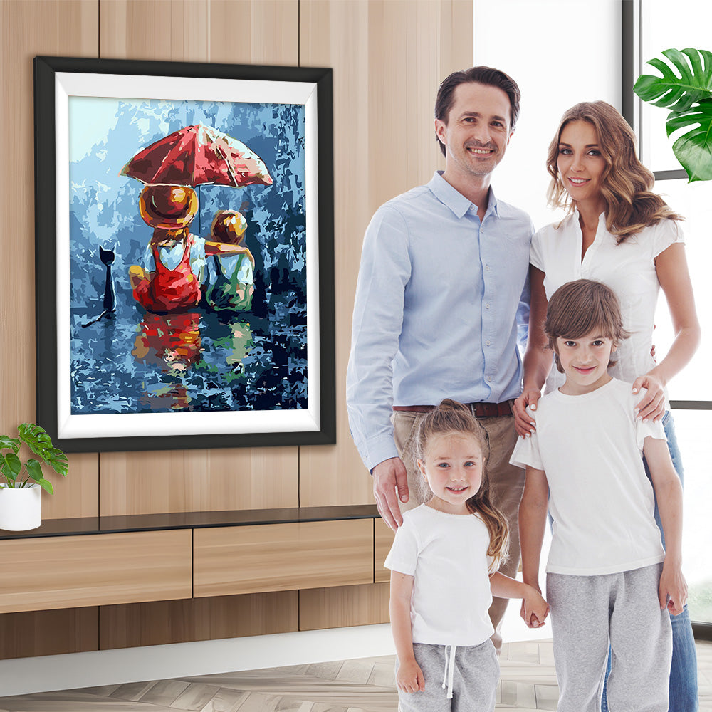 Kinder halten roten Regenschirm Diamond Painting