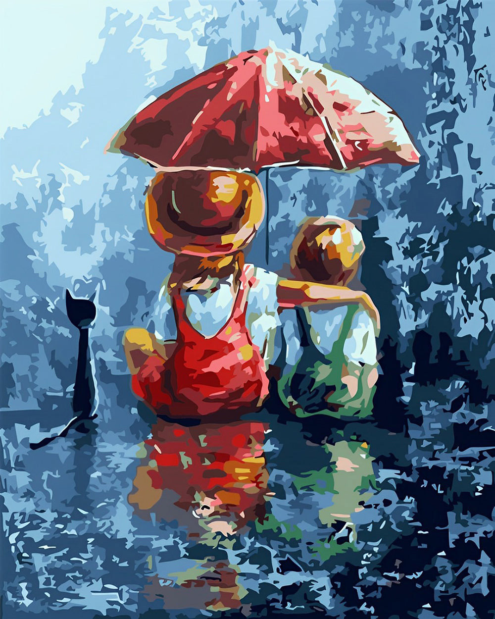 Kinder halten roten Regenschirm Diamond Painting