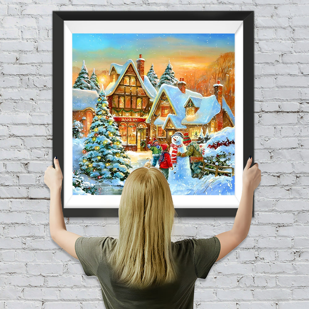 Kinder Schneemann Sonnenuntergang Diamond Painting