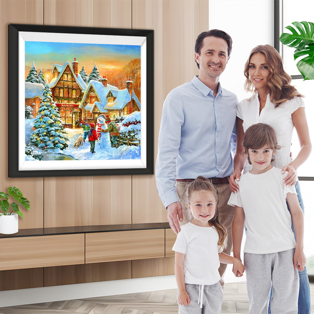 Kinder Schneemann Sonnenuntergang Diamond Painting