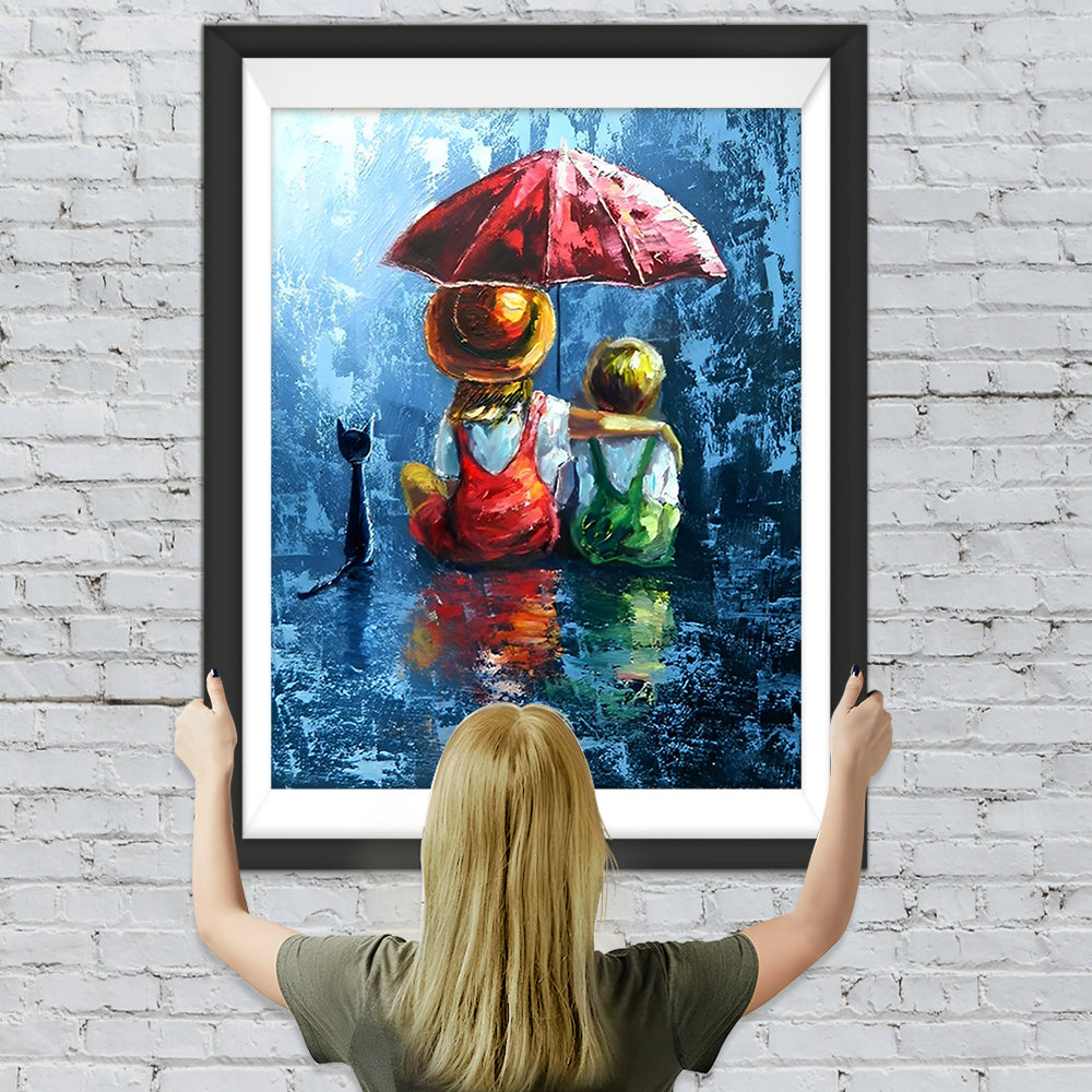 Kinder unter dem roten Regenschirm Diamond Painting