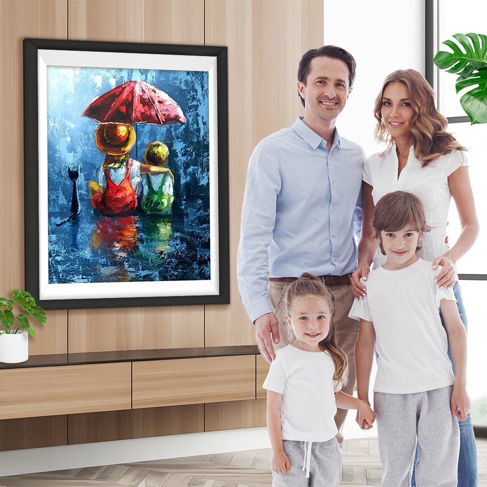 Kinder unter dem roten Regenschirm Diamond Painting