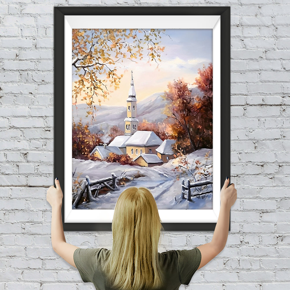 Kirche in den Bergen im Winter Diamond Painting