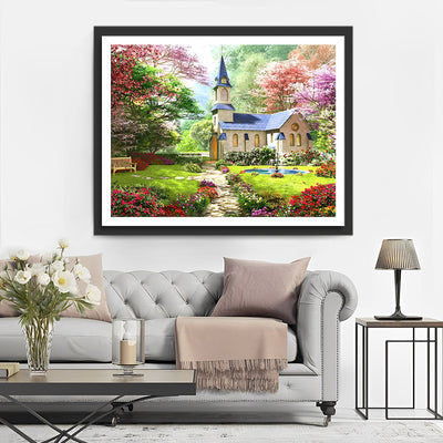 Kirche in Frühlingsgarten Diamond Painting