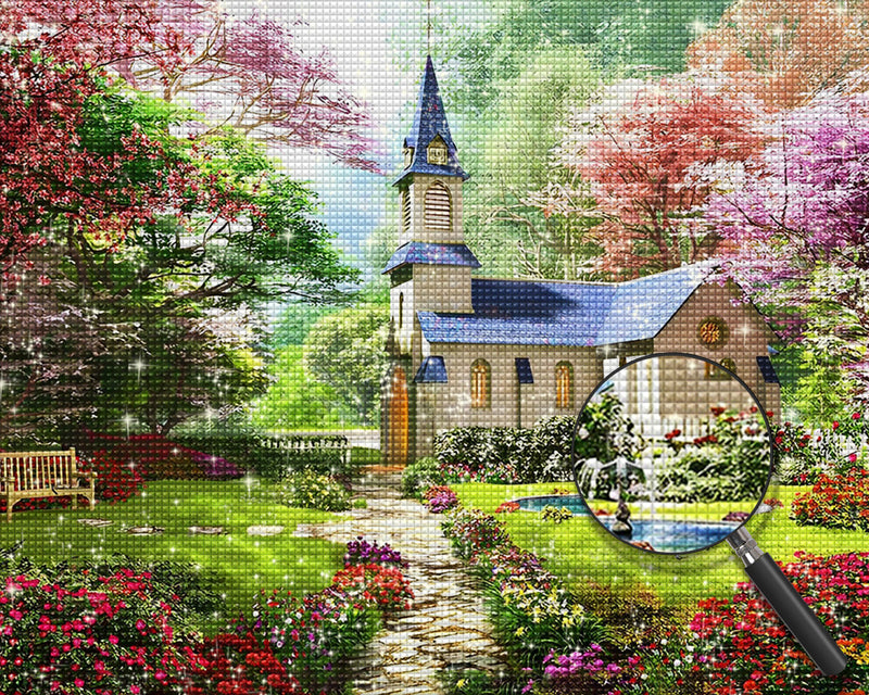 Kirche in Frühlingsgarten Diamond Painting