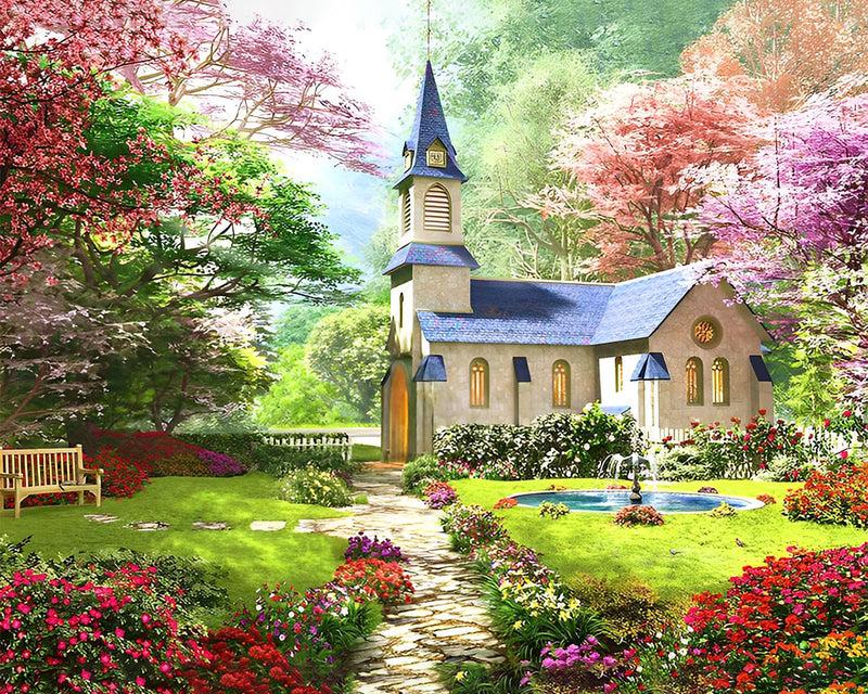 Kirche in Frühlingsgarten Diamond Painting