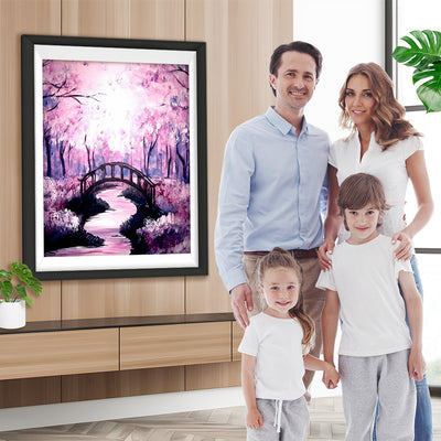 Kleine Brücke und fließendes Wasser im rosa Wald Diamond Painting