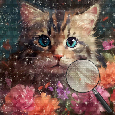 Kleine Katze und Blumen Diamond Painting