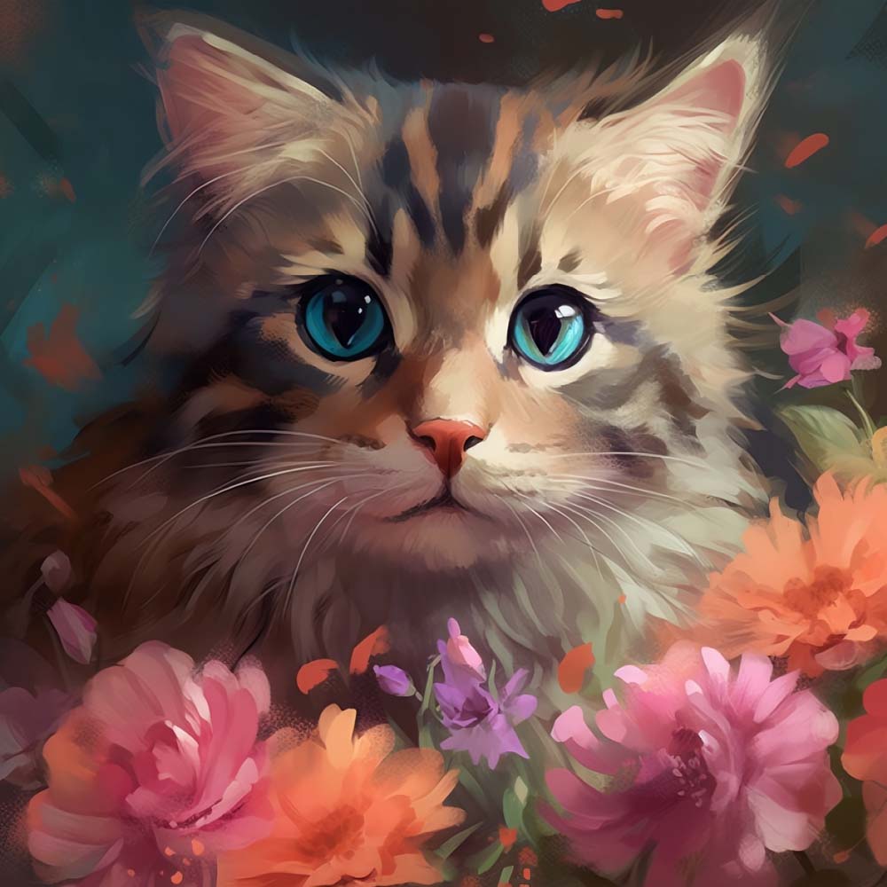 Kleine Katze und Blumen Diamond Painting