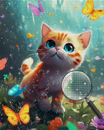 Kleine orangefarbene Katze jagt Schmetterlinge Diamond Painting