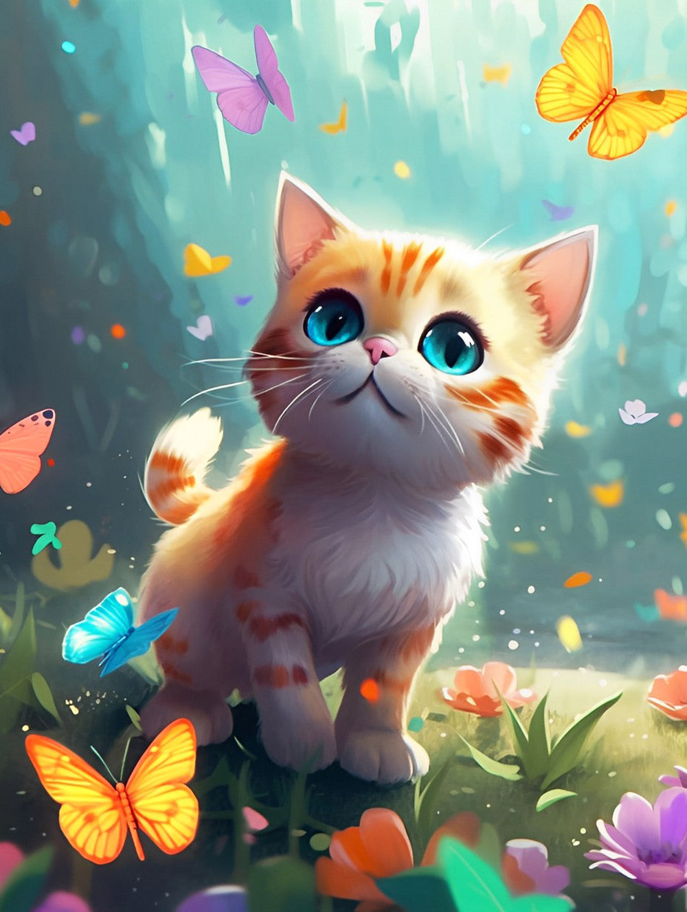 Kleine orangefarbene Katze jagt Schmetterlinge Diamond Painting