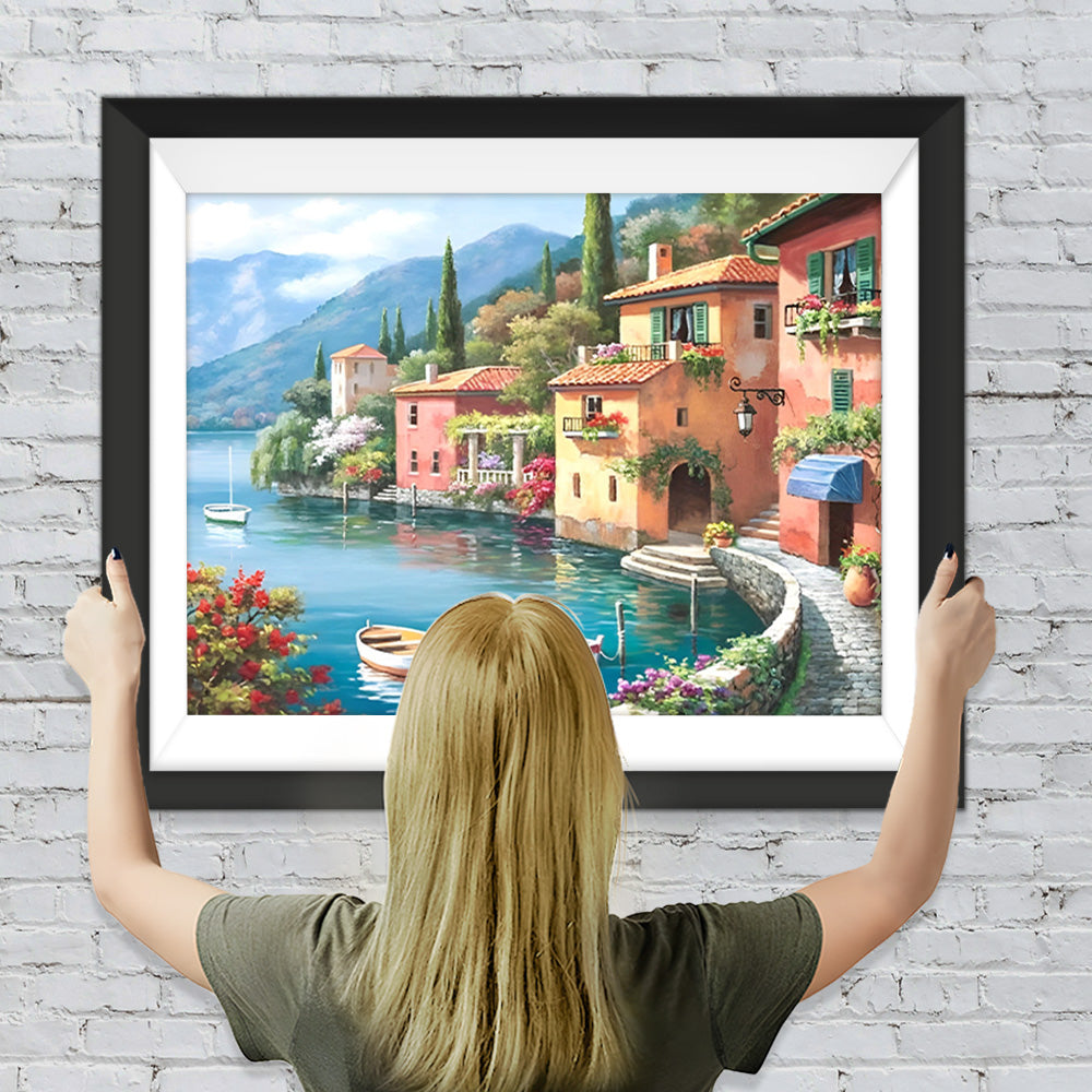 Kleine Stadt am Meer und Boots Diamond Painting