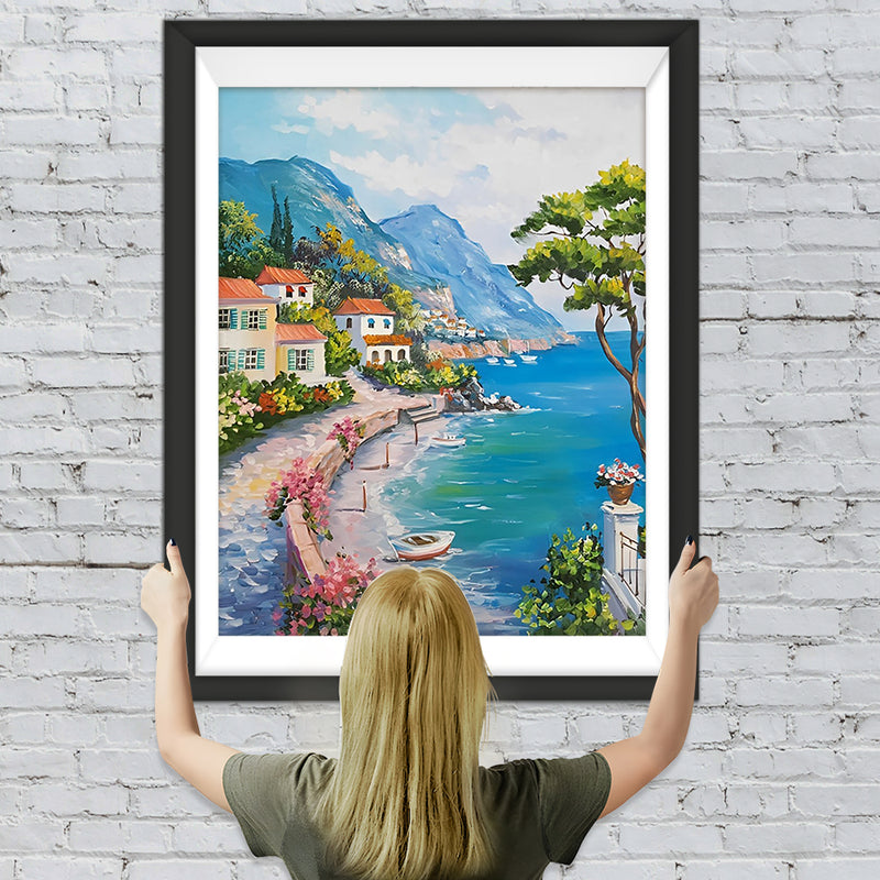 Kleine Stadt am Meer und Hochgebirge Diamond Painting