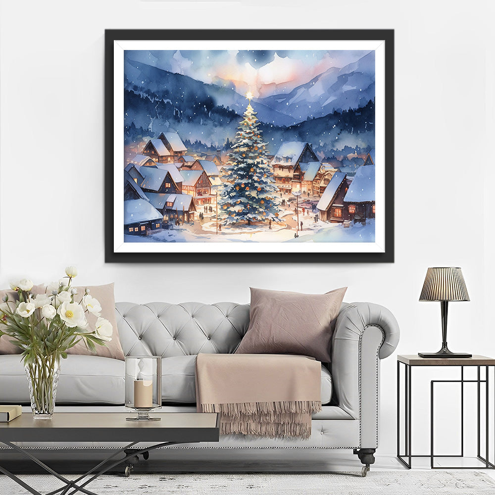 Kleine Stadt und riesiger Weihnachtsbaum im Schnee Diamond Painting