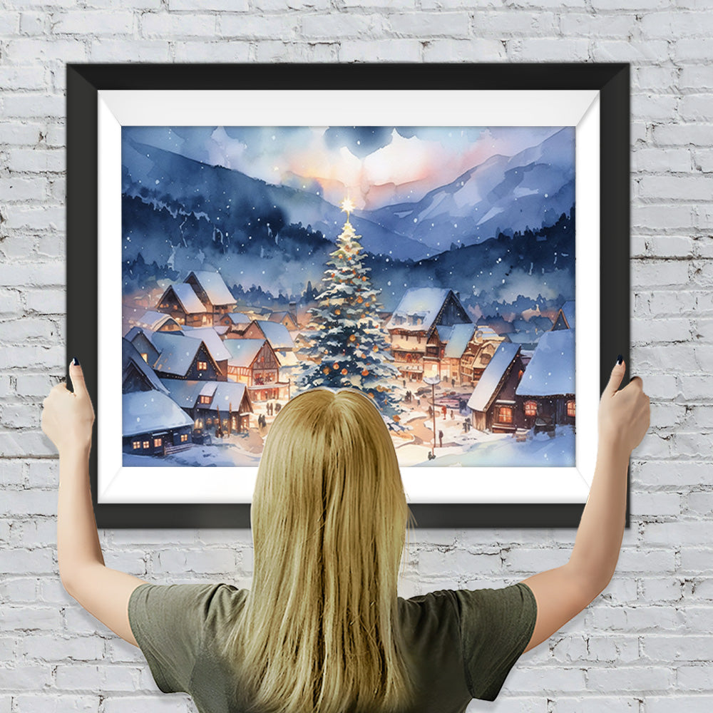 Kleine Stadt und riesiger Weihnachtsbaum im Schnee Diamond Painting