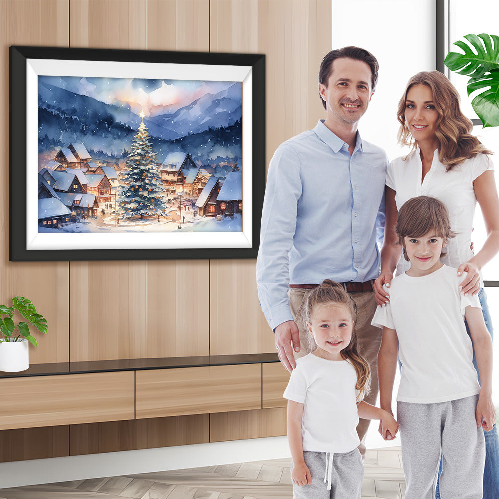 Kleine Stadt und riesiger Weihnachtsbaum im Schnee Diamond Painting