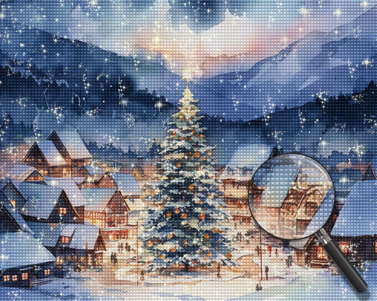 Kleine Stadt und riesiger Weihnachtsbaum im Schnee Diamond Painting
