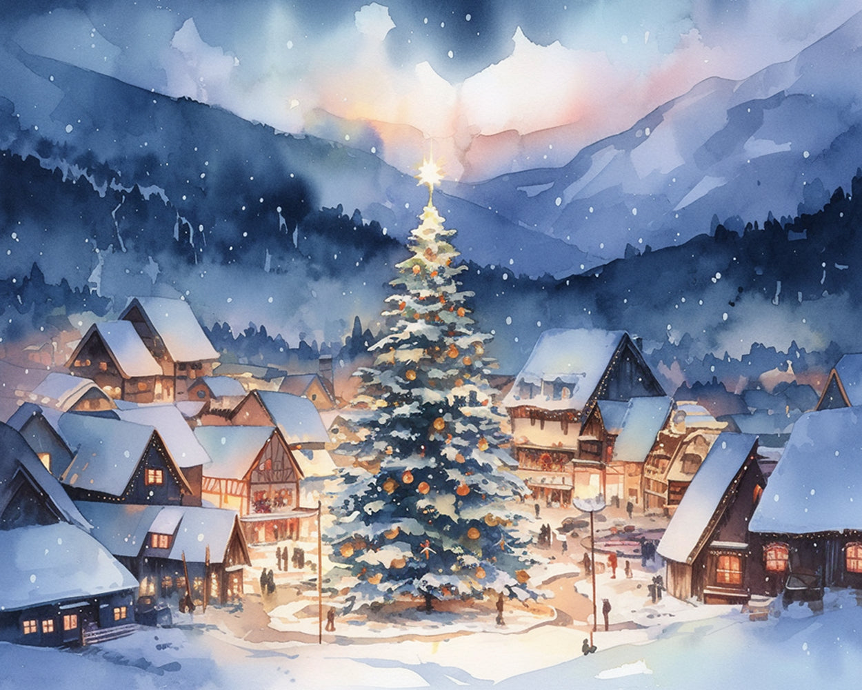Kleine Stadt und riesiger Weihnachtsbaum im Schnee Diamond Painting
