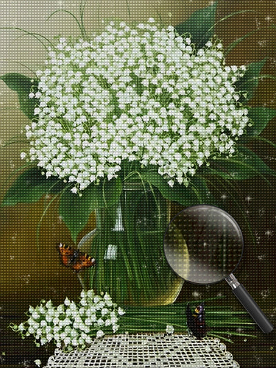 Kleine weiße Blumen in der Glasflasche Diamond Painting