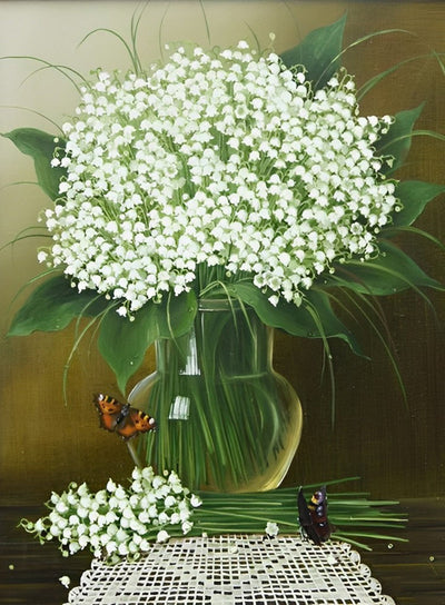 Kleine weiße Blumen in der Glasflasche Diamond Painting