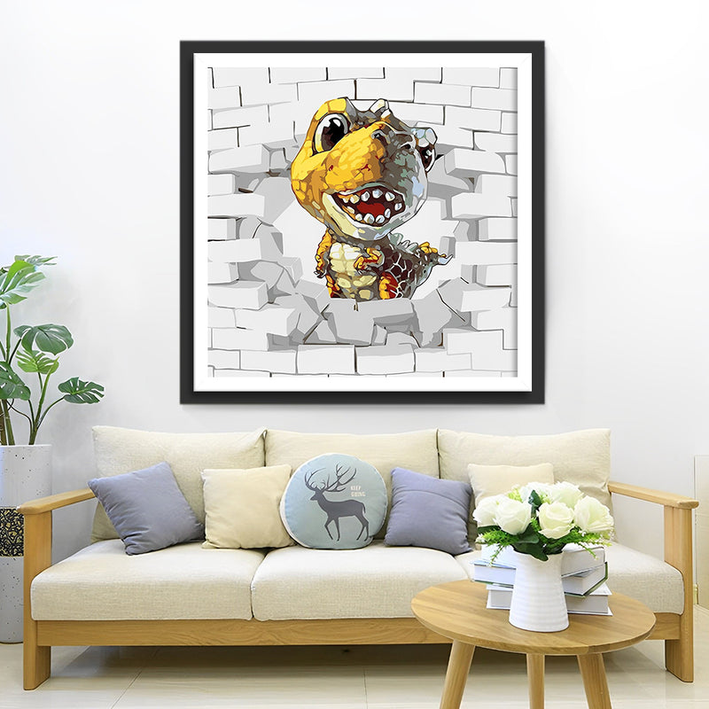 Kleiner Dinosaurier, der aus der Wand kommt Diamond Painting