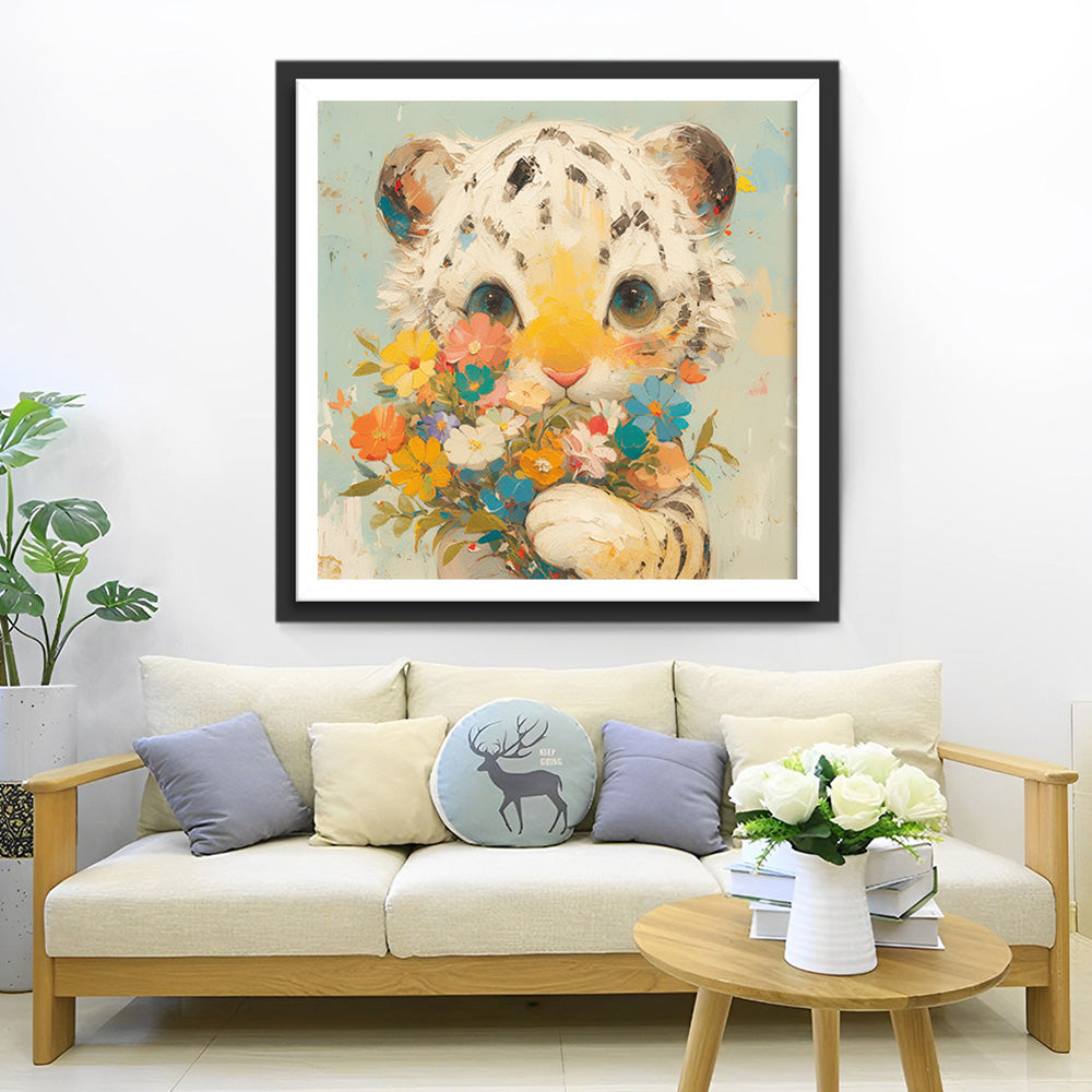 Kleiner weißer Tiger hält Blumen Diamond Painting