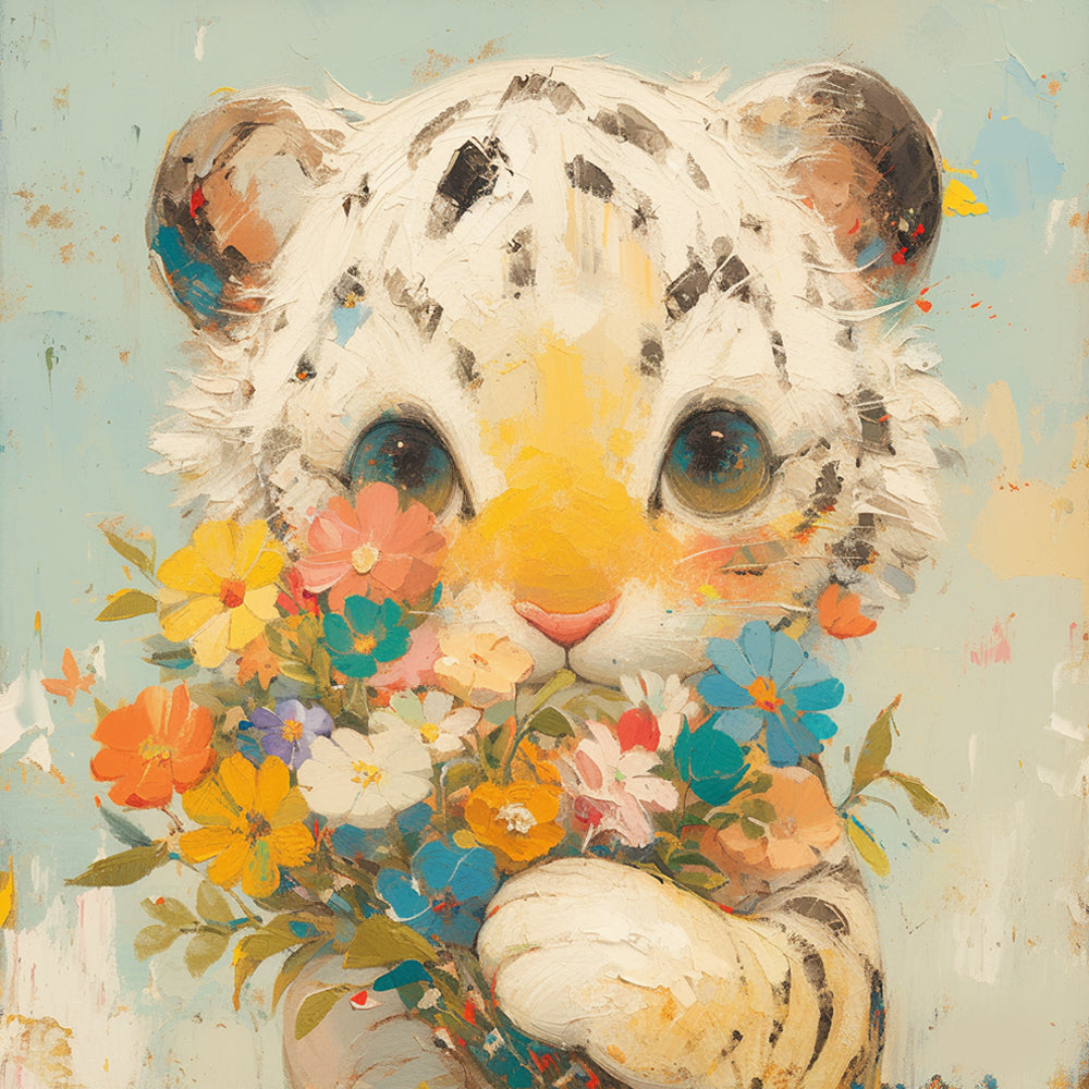 Kleiner weißer Tiger hält Blumen Diamond Painting